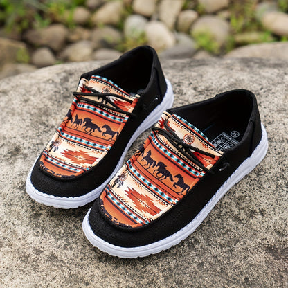 Women'S Casual Round Toe Slip-on Flat Sneakers, All-season, Black and Blue, Thousand Li Horse Pattern Canvas Fabric, Breathable, Non-slip, EVA Sole, Positioning Printing, Hand Wash, Fabric Upper and Inner Material with Elasti