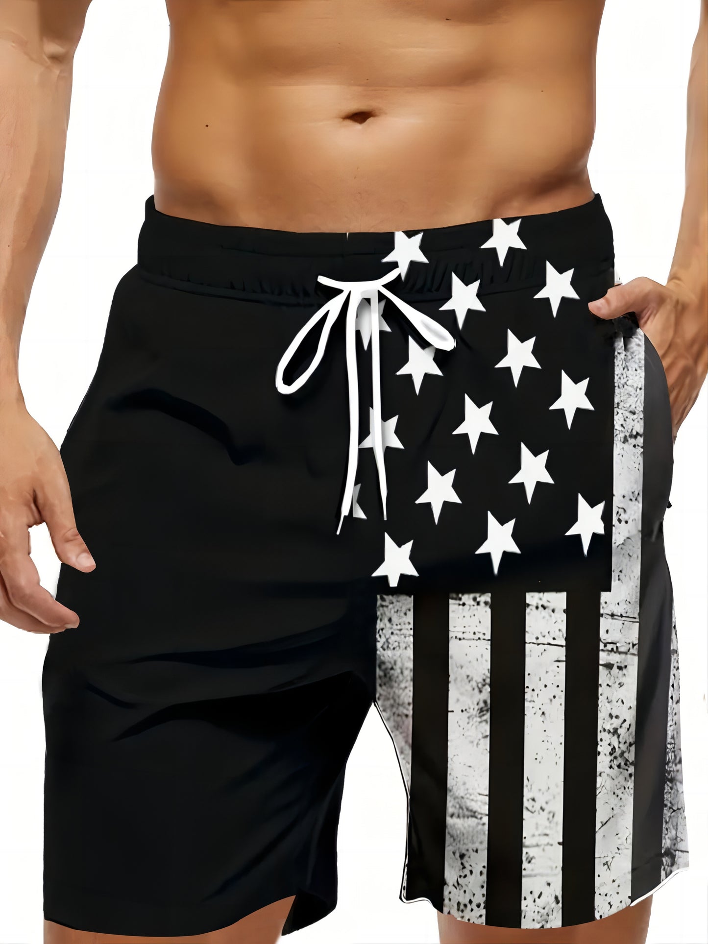 Chic Contrast Color American Flag Pattern Print Shorts - Men's Drawstring Pockets Summer Outdoors Sports Wear