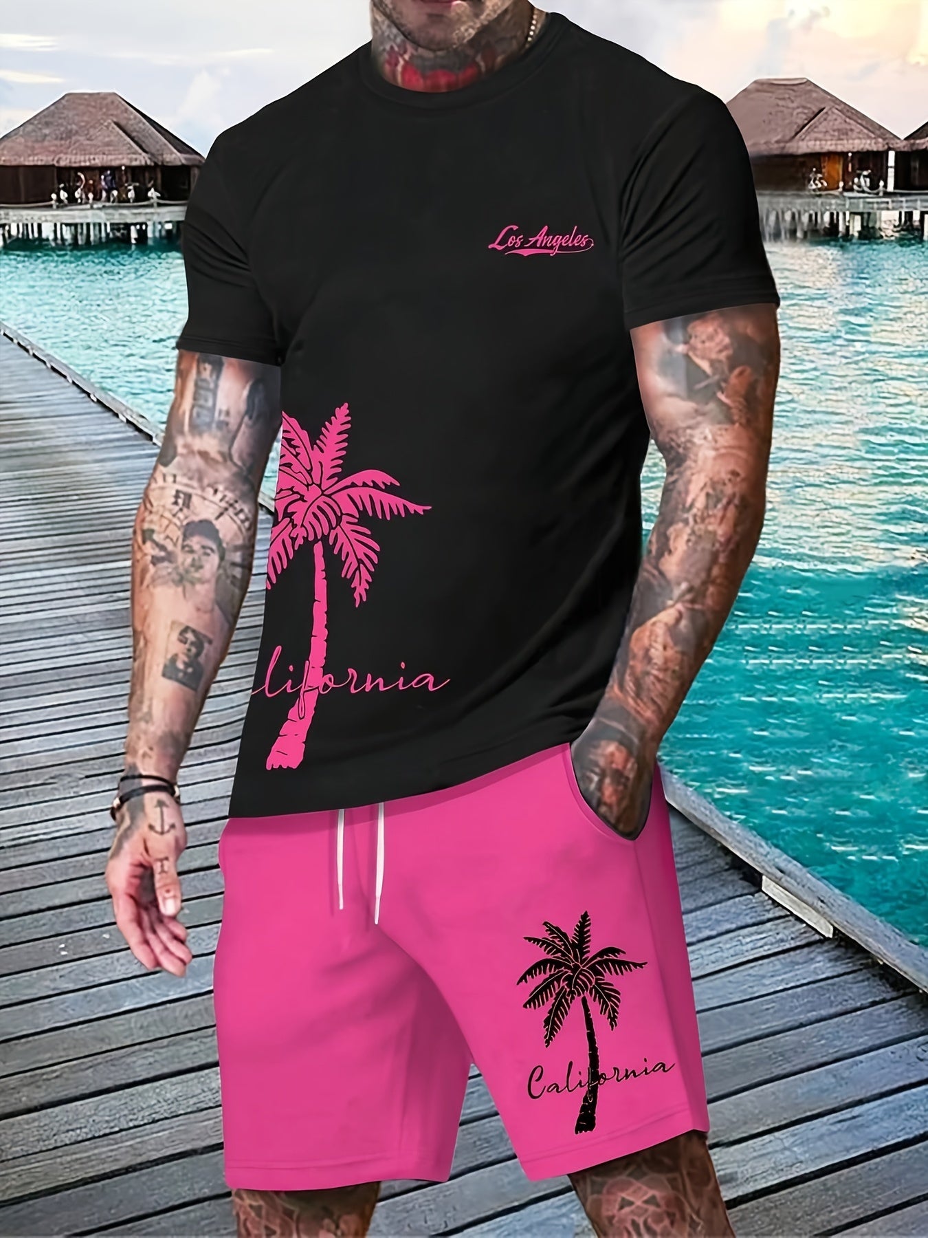 [Summer Fashion Tracksuit Set] Men's Summer Fashion Tracksuit Set - Casual Hawaiian Style T-Shirt & Sport Shorts, Breathable Polyester, Machine Washable