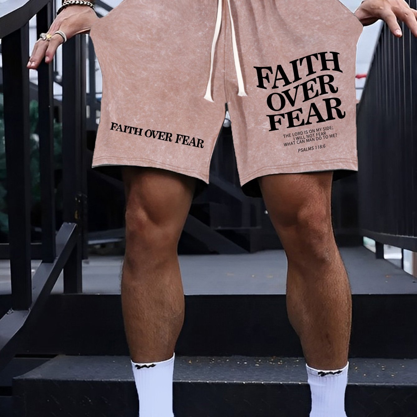 [Heavy Craftsmanship Casual Shorts] FAITH OVER FEAR FAITHOVERFEAR WHA CA MOT 5546 ME? THE LORD IS ON MY SIDE; PSALMS 113:6100% cotton washed distressed cotton casual men'S shorts, heavy craftsmanship 300g