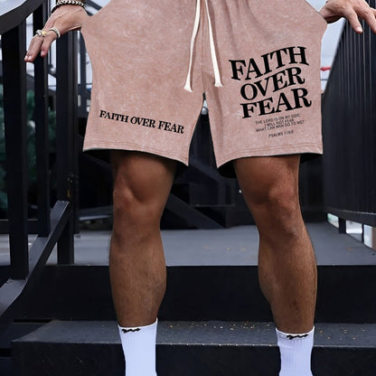 [Heavy Craftsmanship Casual Shorts] FAITH OVER FEAR FAITHOVERFEAR WHA CA MOT 5546 ME? THE LORD IS ON MY SIDE; PSALMS 113:6100% cotton washed distressed cotton casual men'S shorts, heavy craftsmanship 300g