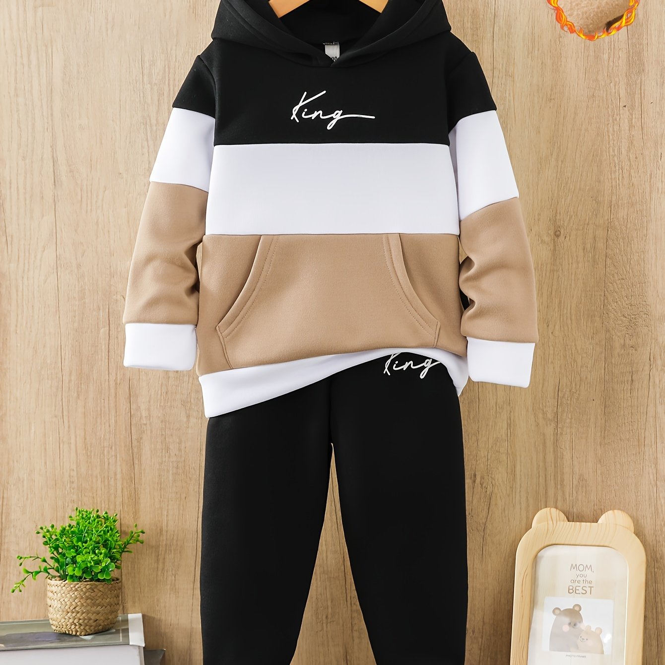 Cozy Boys' Fleece-Lined Hoodie & Joggers Set - KING Letter Print, Casual Sportswear for Fall/Winter, Perfect for Outdoor