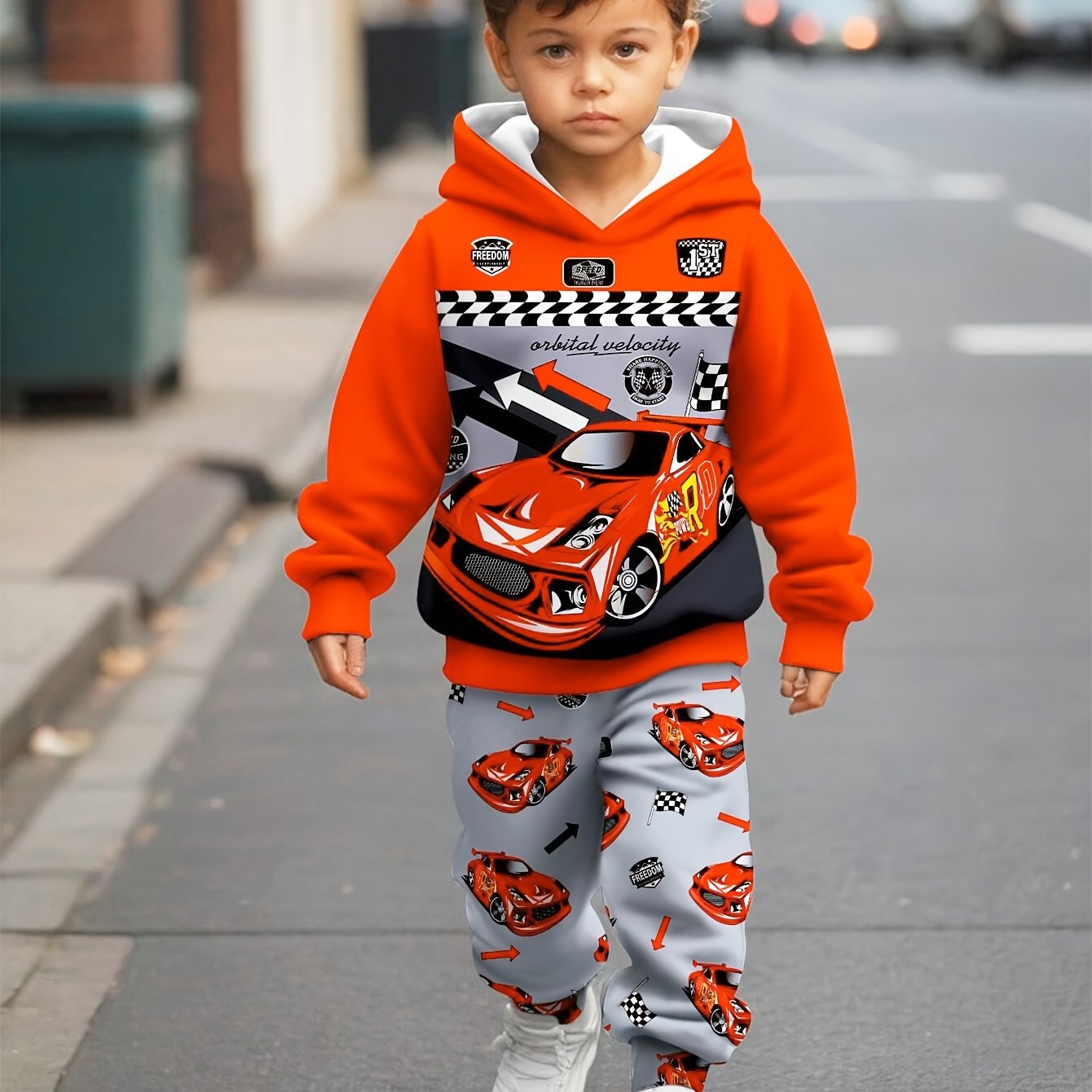 Boys' 2pcs Set, Car Print Hoodie and Pants, Casual Polyester Knit with Spandex, Regular Fit, Long Sleeve, Spring/Autumn Collection, Kids Fashion Outfit, for Outdoor