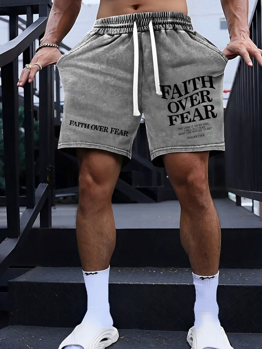 [Heavy Craftsmanship Casual Shorts] FAITH OVER FEAR FAITHOVERFEAR WHA CA MOT 5546 ME? THE LORD IS ON MY SIDE; PSALMS 113:6100% cotton washed distressed cotton casual men'S shorts, heavy craftsmanship 300g