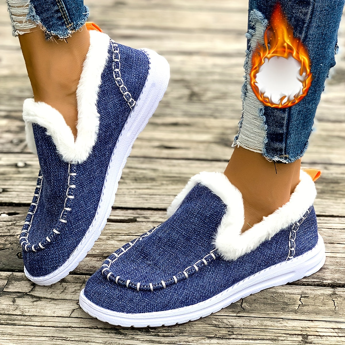 Women's Cozy Winter Slip-On Loafers - Plush Lining, Warm Denim Blue, EVA Sole, Round Toe, Fluffy Fur Trim for Casual Winter Style