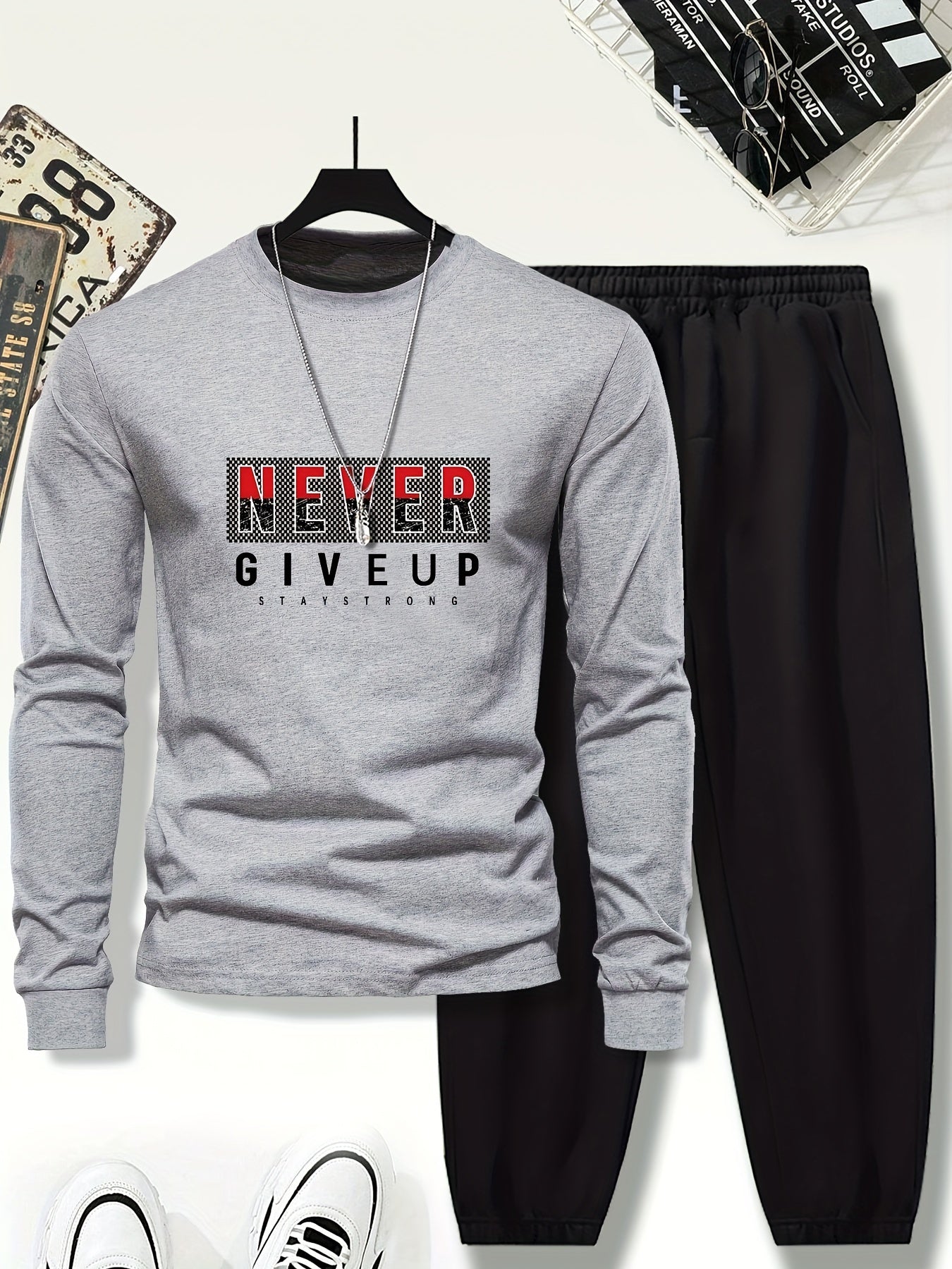 Youth Boys' Casual NEVER GIVE UP Stylish Cuffed Outfit, for Outdoor