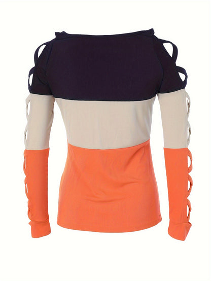 Casual Criss Cross Long Sleeve Color Block Crew Neck T-Shirt - Women's Clothing For Spring & Fall