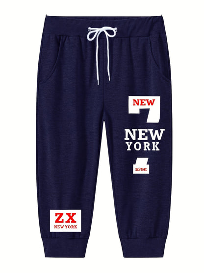 Men's Casual European & American Style Athletic Shorts - Navy Blue with "NEW YORK" Print, Zipper Pockets, 100% Polyester, Machine Washable, Perfect for Streetwear & Jogging