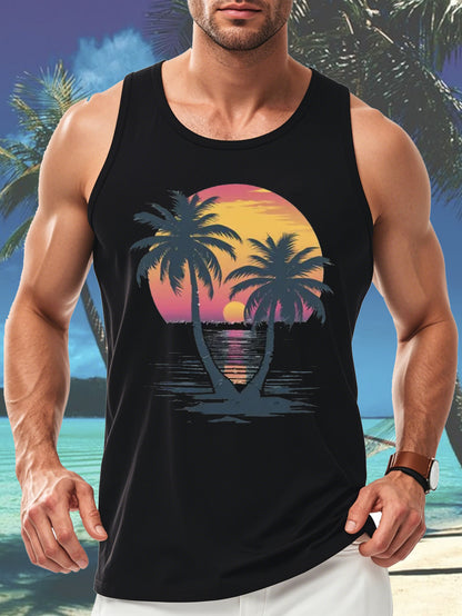 Men'S Cotton Comfy Sleeveless With Beach Palm Leaves Print, Casual Round Tank Tops for Summer, Graphic Tee Men'S Outdoor Clothes, Men'S Clothing