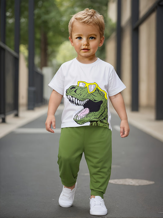 European and American baby boy spring and summer popular glasses dinosaur print T-shirt+pants two-piece set [targeted development]