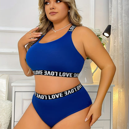 Women's Plus Size Sports Lingerie Set - Letter Tape Criss Cross Back Medium Stretch Bra & Panty Lingerie Two Piece Set - For Curvy Women - Suitable for Sports & Loungewear - Perfect Gift for Her