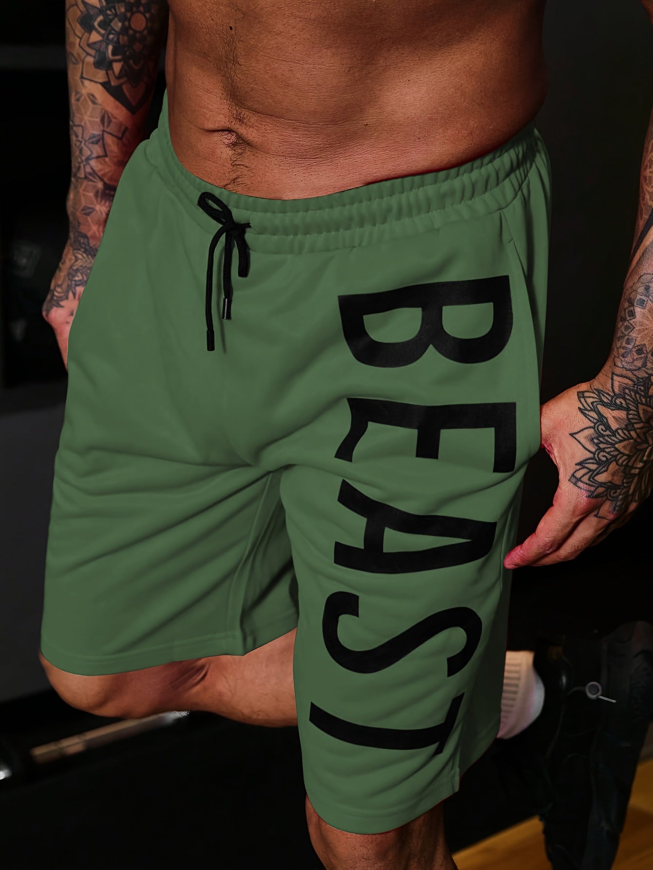 Letter Print "BEAST" Shorts With Drawstring And Pockets, Chic And Stylish Sports Shorts For Men's Summer Fitness And Outdoors Wear