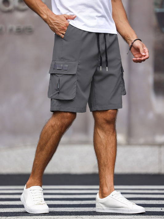 Polyester Solid Color Shorts - Men's Non-Stretch Casual Drawstring Shorts with Multiple Pockets for Summer Outdoor Activities