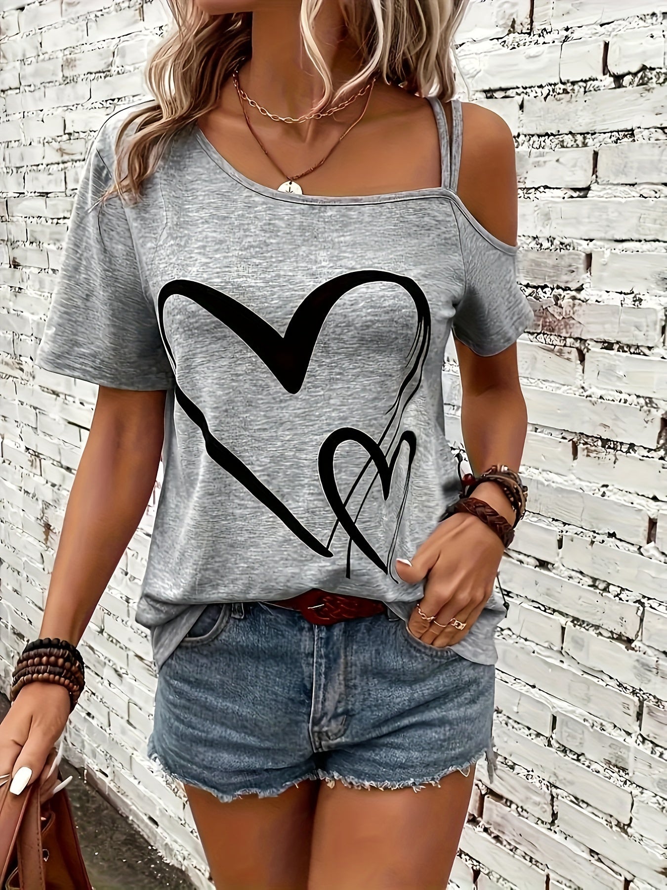 Casual Cold Shoulder Heart Print - Short Sleeve Backless Asymmetrical Top, Women's Clothing T-shirt