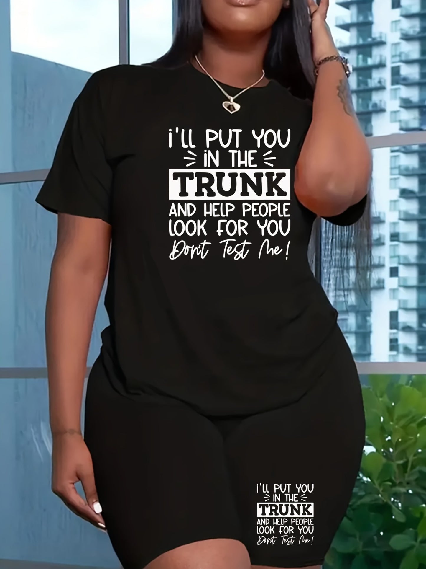 Women'S Plus Size Casual Black T-Shirt "I'd Put You In The Trunk" Funny Print, Short Sleeve, Round Neck, Machine Washable