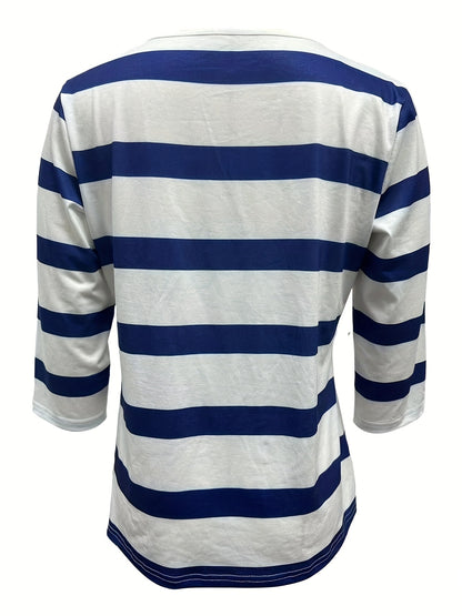 Women'S Casual V-Neck T-Shirt with All Over Striped Print, Three Quarter Sleeve, Knit Polyester Fabric, Regular Length - Spring/Summer/Fall Fashion Top