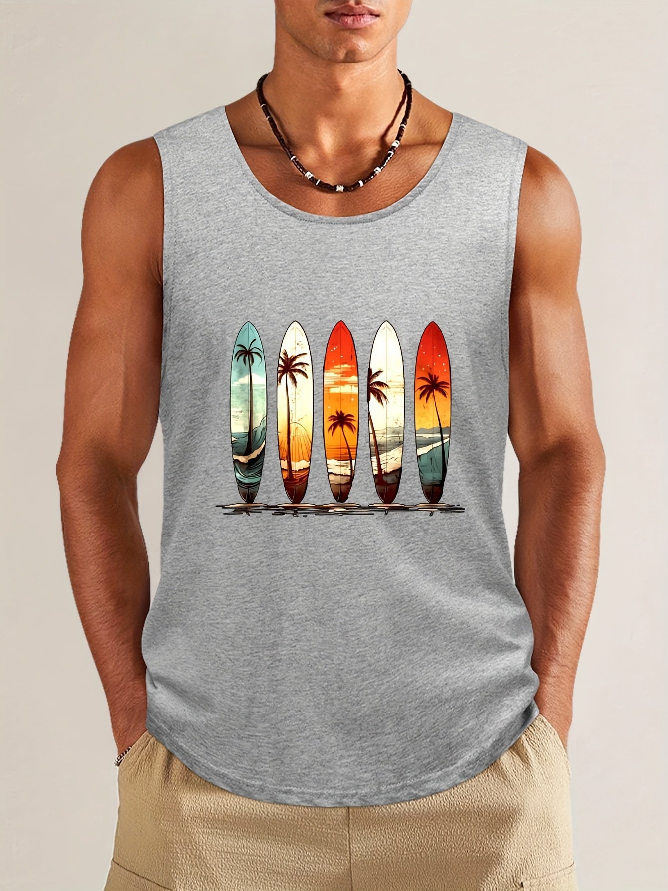 Men's Cotton Graphic Tee - Comfy, Casual, Sleeveless Tank Top with Beach Palm Trees Print for Summer Outdoor Wear