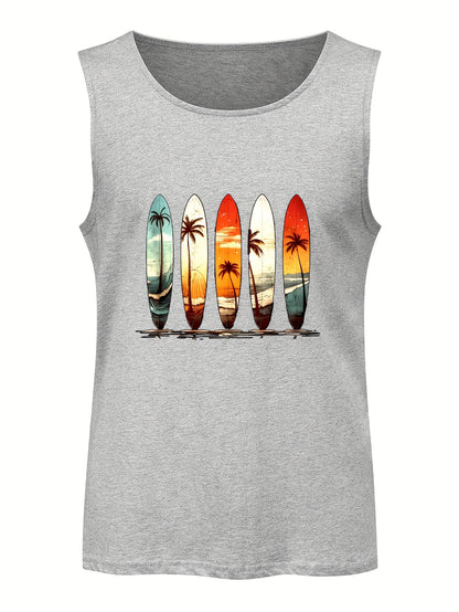 Men's Cotton Graphic Tee - Comfy, Casual, Sleeveless Tank Top with Beach Palm Trees Print for Summer Outdoor Wear