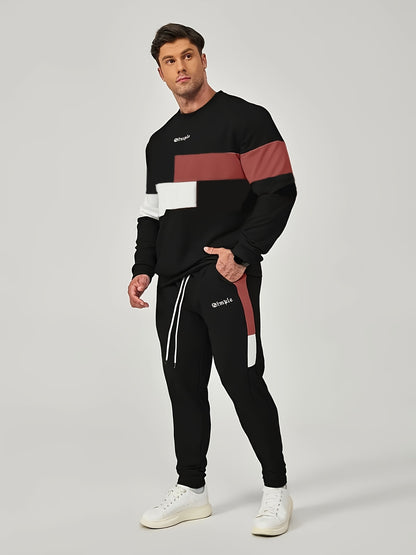 Men'S Color Blocked 2pcs Set, Casual Round Neck Long Sleeved Sweatshirt And Sweatpants Jogging Pants Set For Winter And Autumn, Men'S Clothing