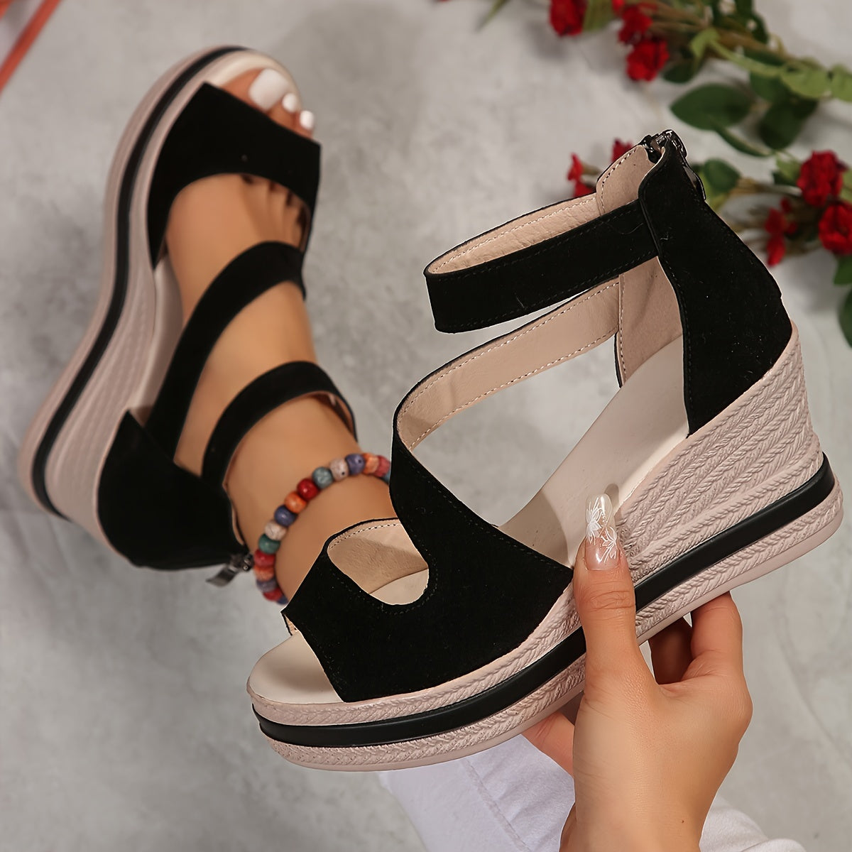 Women's Platform Solid Color Sandals, Back Zipper Slip On Hollow Out Vacation Shoes, Comfort Wedge Beach Shoes