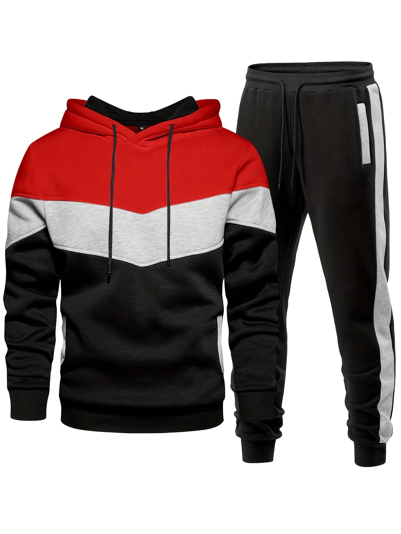 [2-piece Athletic Tracksuit Set] 2-piece Color Block Men's Athletic Tracksuit Set, Casual Long Sleeve Hoodie With Drawstring And Jogging Pants Set For Gym Workout Running