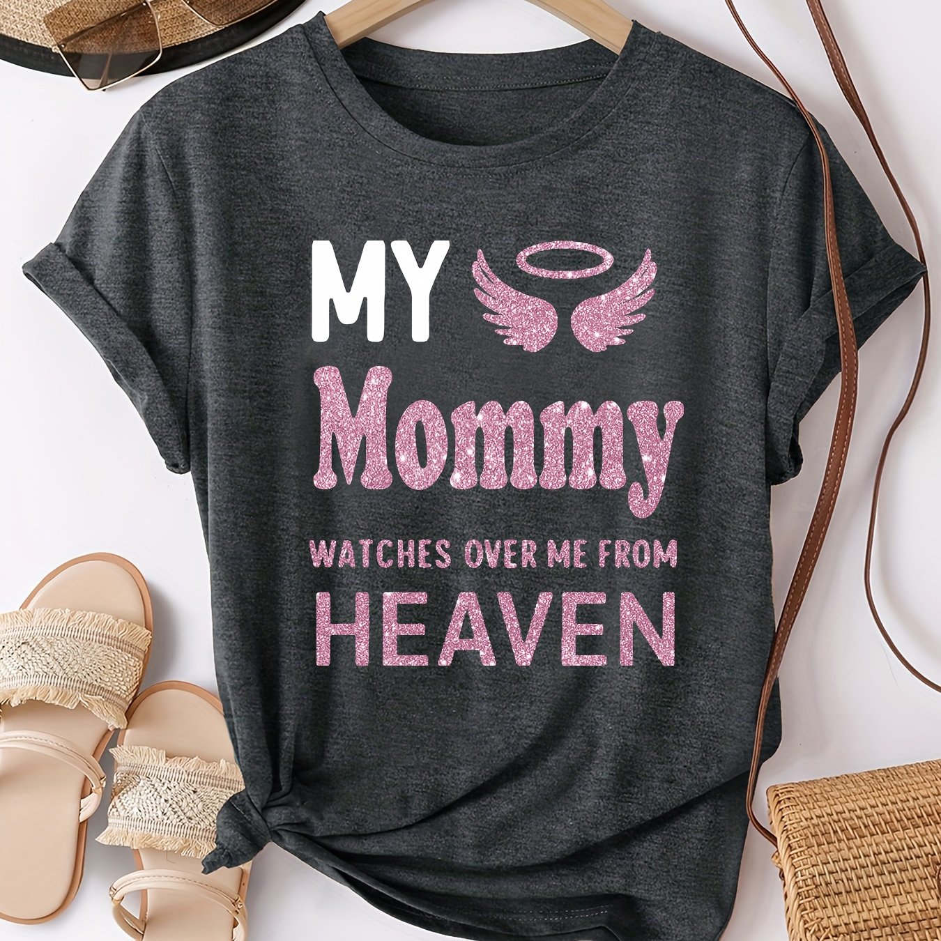 Women'S "My Mommy Watches Over Me from Heaven" Graphic T-Shirt - Casual Crew Neck, Short Sleeve, Comfortable Knit Top, Machine Washable, Ideal for Outdoor Activities and Casual Attire, Ladies T Shirts