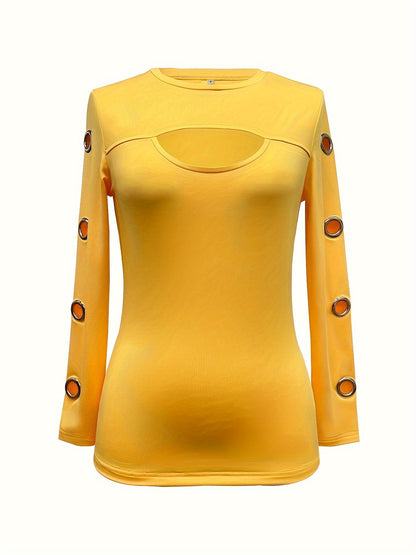 [Polyester Sexy Hollow-Out Tee] Polyester 95% Spandex 5% Women's Sexy Hollow-Out Long Sleeve T-Shirt - Crew Neck Solid Color Top for Spring/Fall