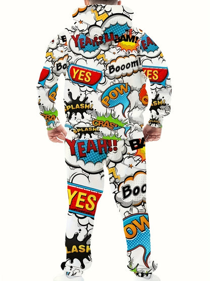 [Two-Piece Comic Print Hoodie Set] Men'S Casual Hoodie and Pants Set, 100% Polyester Knit Fabric, Full Coverage Comic Style Print, Casual Fit, Spring/Fall Warmth Two-Piece Set