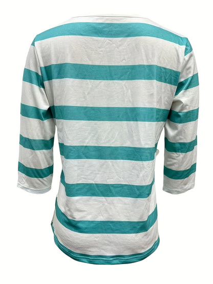 Women'S Casual V-Neck T-Shirt with All Over Striped Print, Three Quarter Sleeve, Knit Polyester Fabric, Regular Length - Spring/Summer/Fall Fashion Top