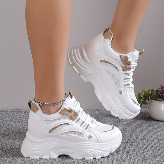 [Low-top Heightening Thick Sole Sneakers] Women's Solid Color Mesh Sneakers, Lace Up Low-top Round Toe Heightening Thick Sole Trainers, Versatile Comfy Shoes