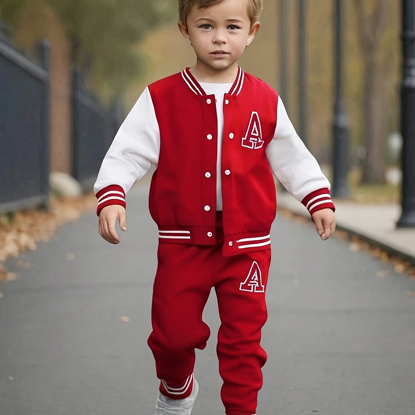 Boys' 2pcs Fall/Winter Casual Polyester Knit Baseball Suit with Long Sleeve Crew Neck Jacket and Matching Pants, Alphabet Print, Regular Fit - Button Detail, for Outdoor