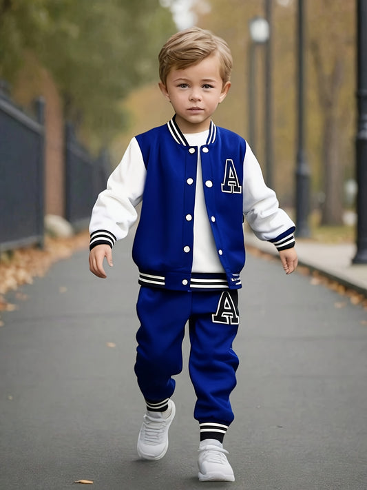 Boys' 2pcs Fall/Winter Casual Polyester Knit Baseball Suit with Long Sleeve Crew Neck Jacket and Matching Pants, Alphabet Print, Regular Fit - Button Detail, for Outdoor