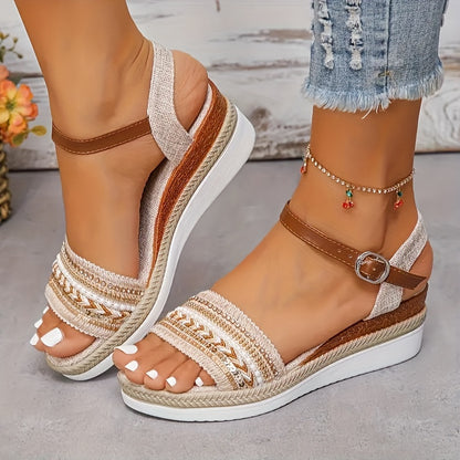 [Stylish Ankle Buckle Sandals] Women's Stylish Sandals, Ankle Buckle Strap Platform Walking Shoes, Comfort Wedge Vacation Shoes