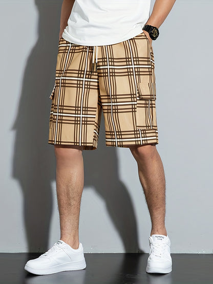 [Plaid Beach Shorts] Men's Plaid Drawstring Beach Shorts - Casual Cargo Shorts with Side Pockets for Summer Outdoor