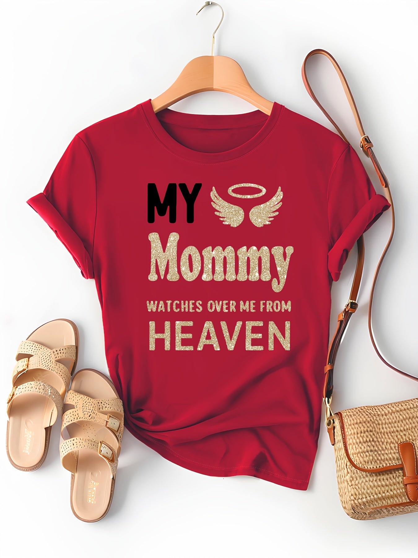 Women'S "My Mommy Watches Over Me from Heaven" Graphic T-Shirt - Casual Crew Neck, Short Sleeve, Comfortable Knit Top, Machine Washable, Ideal for Outdoor Activities and Casual Attire, Ladies T Shirts