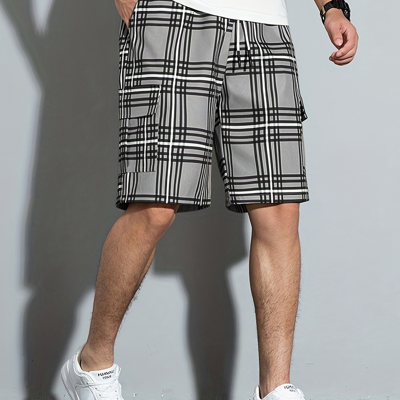 [Plaid Beach Shorts] Men's Plaid Drawstring Beach Shorts - Casual Cargo Shorts with Side Pockets for Summer Outdoor