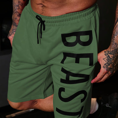 Letter Print "BEAST" Shorts With Drawstring And Pockets, Chic And Stylish Sports Shorts For Men's Summer Fitness And Outdoors Wear