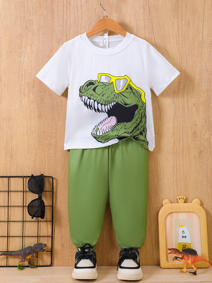 European and American baby boy spring and summer popular glasses dinosaur print T-shirt+pants two-piece set [targeted development]