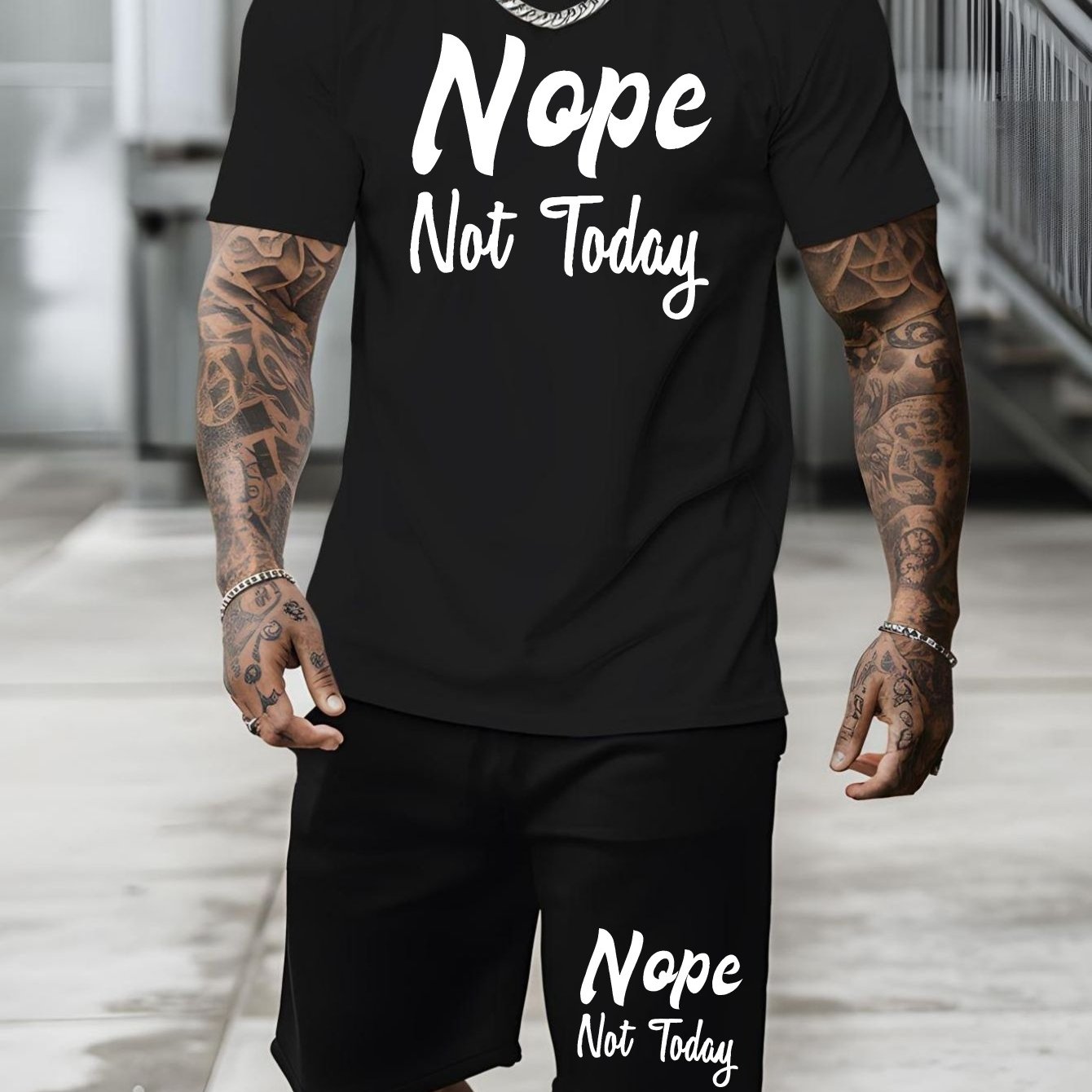 Nope Not Today, Men's 2-piece Casual Sports Suit, Short Sleeved T-shirt & Shorts Set, Breathable Versatile Stylish Suit, Spring Summer Fashion