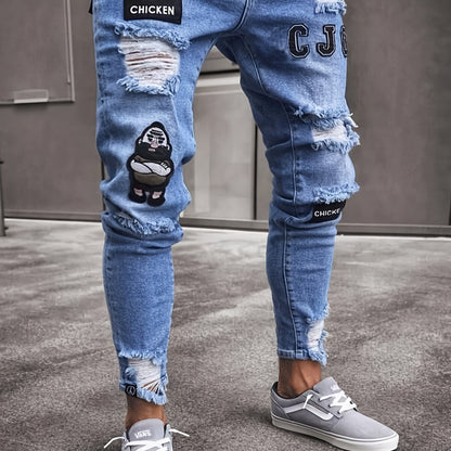 [Skinny Ripped Men Jeans] Men Casual Skinny Ripped Jeans, Stretch Distressed Slim Fit Pants, Destroyed Zipper Holes Embroidery Trousers