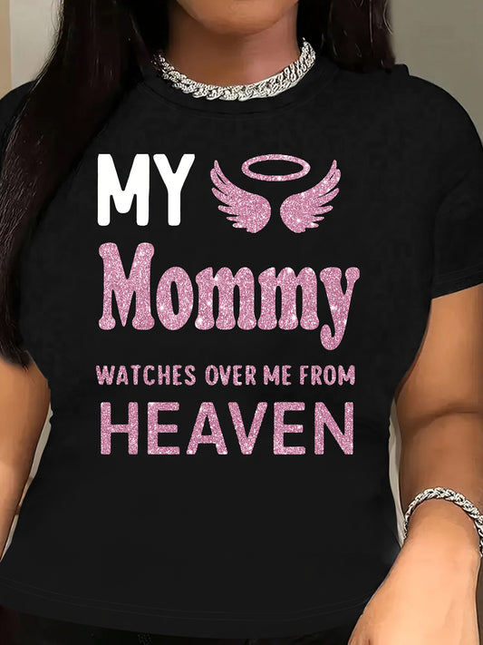 Women'S "My Mommy Watches Over Me from Heaven" Graphic T-Shirt - Casual Crew Neck, Short Sleeve, Comfortable Knit Top, Machine Washable, Ideal for Outdoor Activities and Casual Attire, Ladies T Shirts