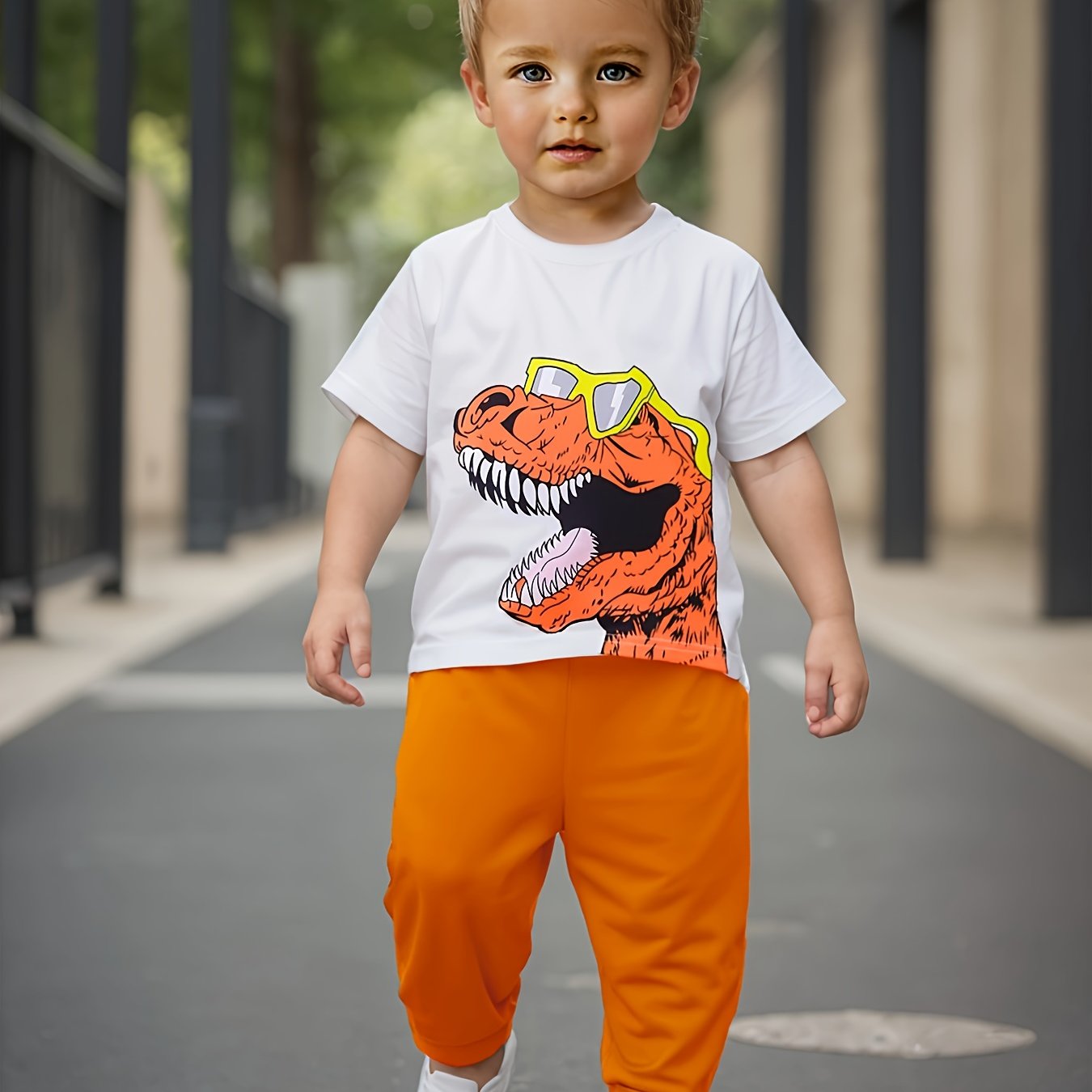 European and American baby boy spring and summer popular glasses dinosaur print T-shirt+pants two-piece set [targeted development]