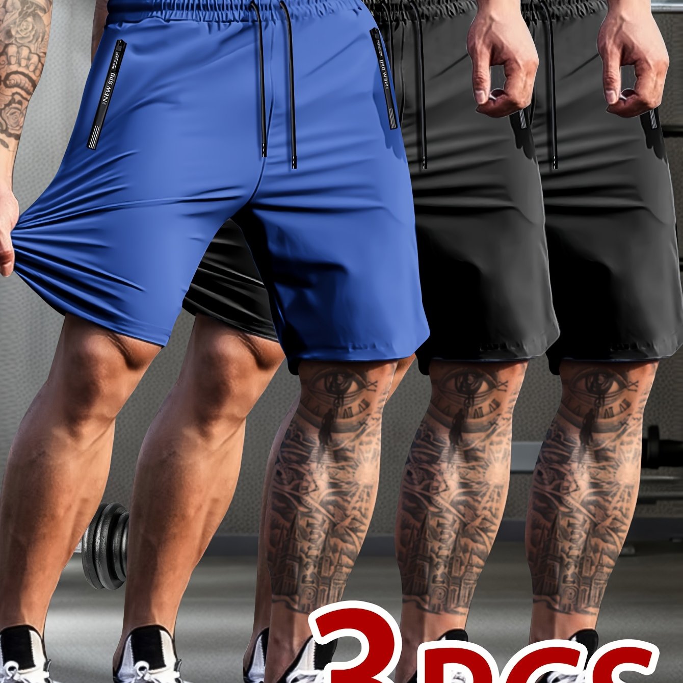 Set of 3 Breathable High-Elastic Drawstring Waist Shorts with Zipper Pockets for Men'S Casual Sports And Jogging.