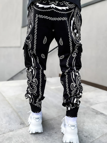 [Multi Pocket Paisley Joggers] Men's Paisley Pattern Multi Pocket Joggers, Casual Sports Pants For Fitness