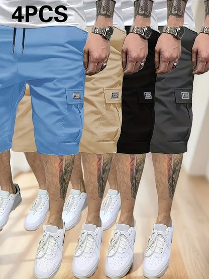 4-Pack Men'S Casual Cargo Shorts, Solid Color, 100% Polyester, Non-Stretch Woven Fabric, Loose Fit, 135g/m², Summer Fashion