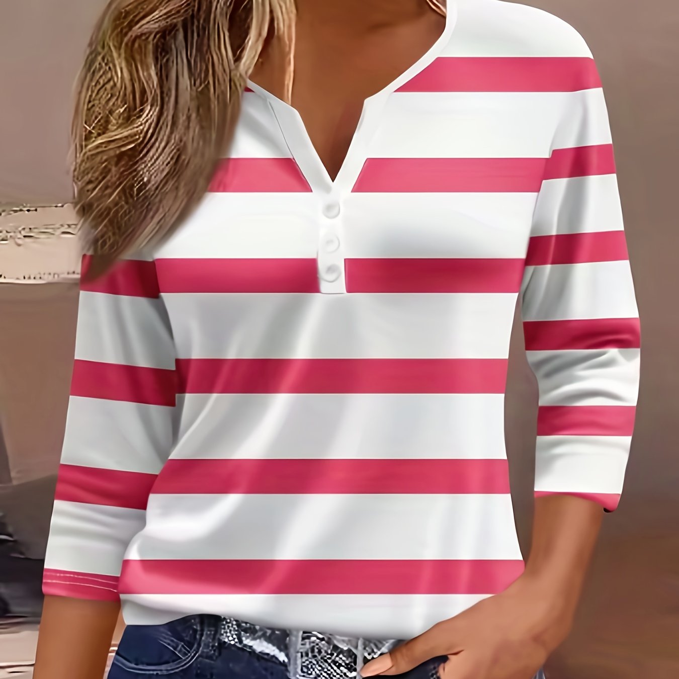 Women'S Casual V-Neck T-Shirt with All Over Striped Print, Three Quarter Sleeve, Knit Polyester Fabric, Regular Length - Spring/Summer/Fall Fashion Top