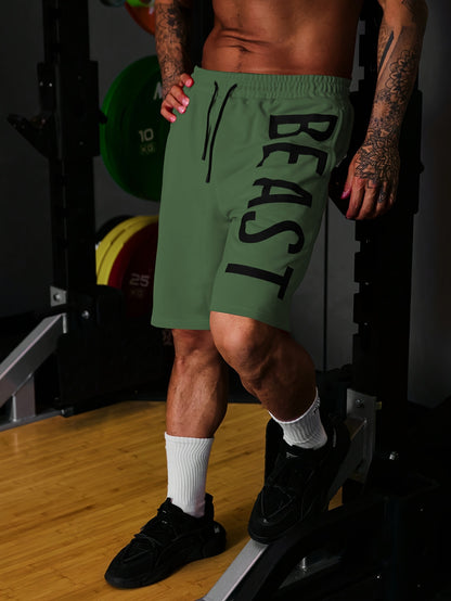 Letter Print "BEAST" Shorts With Drawstring And Pockets, Chic And Stylish Sports Shorts For Men's Summer Fitness And Outdoors Wear