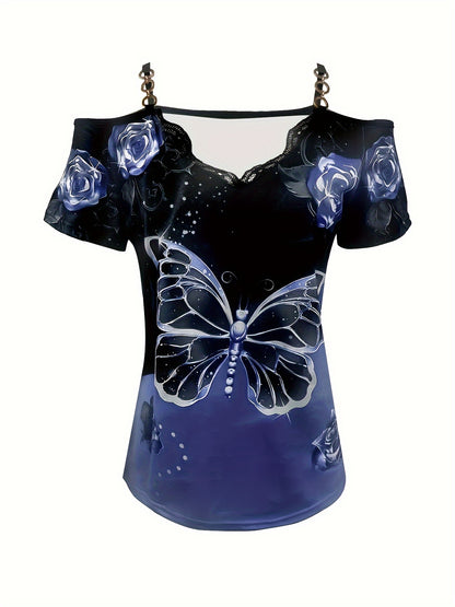 [Summer Perfect Cold-Shoulder Top] Chic Butterfly Print Cold-Shoulder Top - V-Neck, Stretchy Polyester Blend, Machine Washable - Perfect for Summer