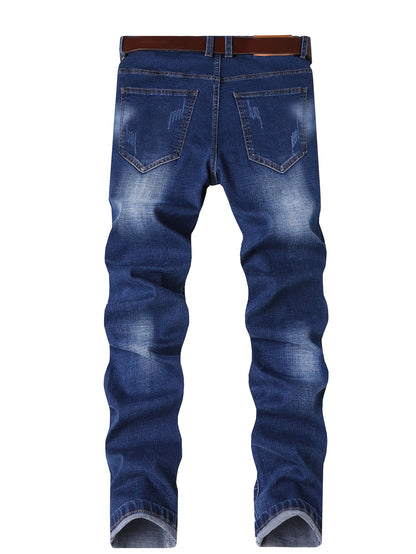 [Slimming Effect] Men's Slim Fit Jeans | Deep Blue | Distressed Embroidery | Slimming Effect | All Seasons