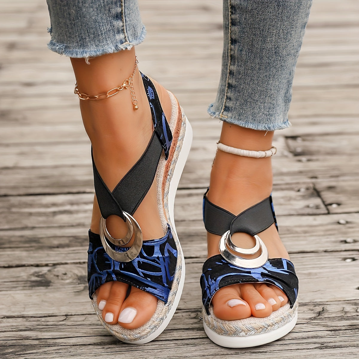 Summer New Solid Color Platform Mid Heel Sandals for Beach - Ladies' Open Toe - Fabric Upper, Synthetic Inner, PU Sole, Fabric Insole, Pull on Closure